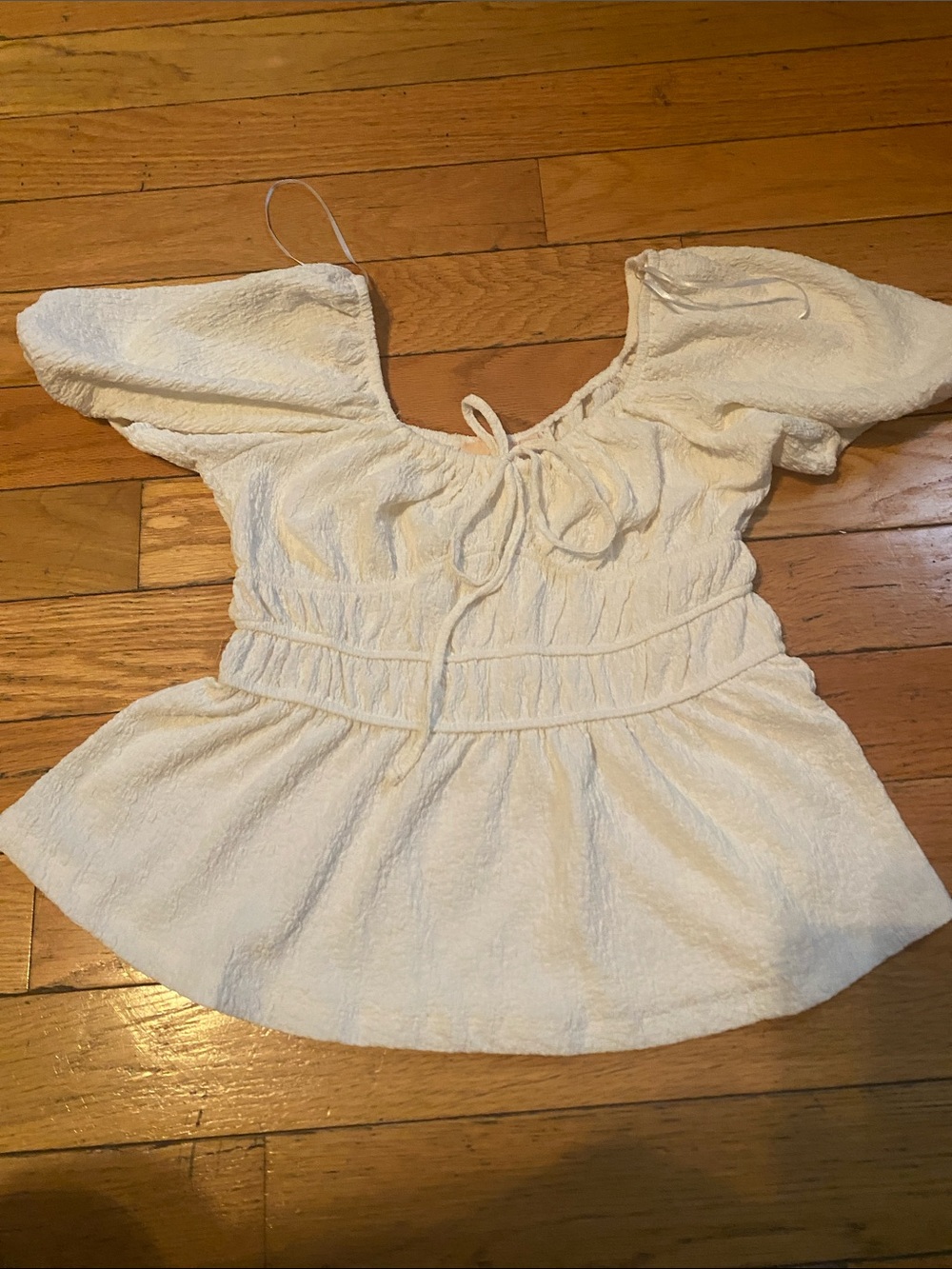 Good Luck Gem Cream Puff-Sleeve Peplum Tie-Front Top